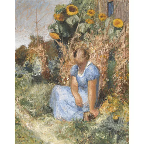 Reinhold Kündig — Sommerliche Gartenpartie mit sitzender Frau.