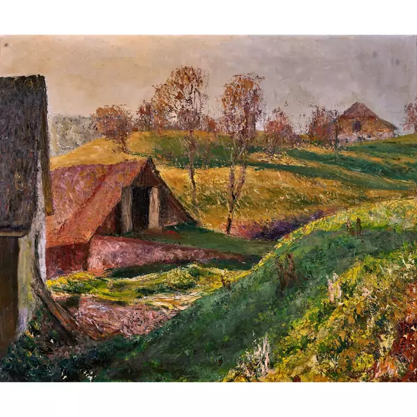Hügelige Herbstlandschaft mit Bauernhäusern