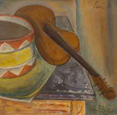 René Auberjonois — Nature morte (tambour, violon et table), 1930