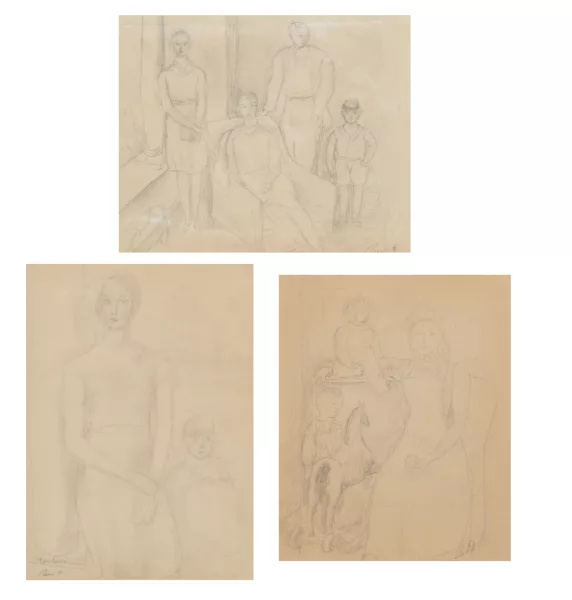 René Auberjonois — René Victor AUBERJONOIS (1872-1957), ensemble de trois dessins de portraits de famille
