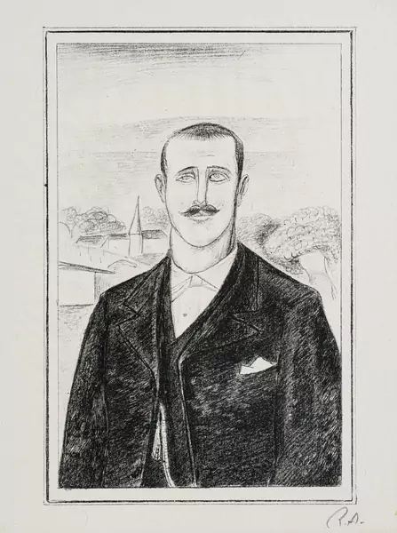 Homme à la moustache avec village en fond