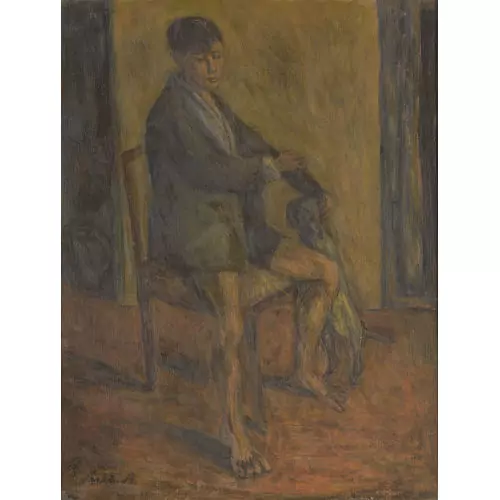 Garçon assis au chien