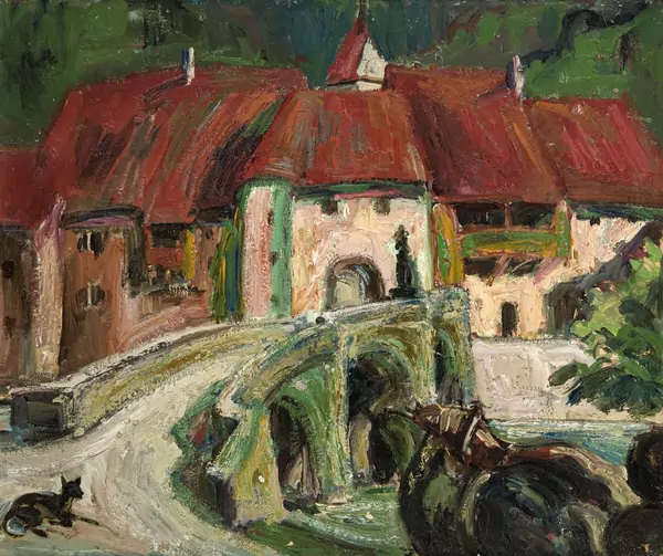 Maison de campagne, chien et cheval de trait