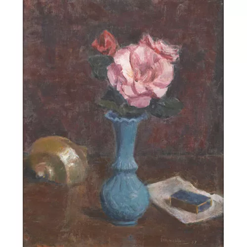 René Francillon — Stillleben mit Rose, Muschel und Streichhölzern.