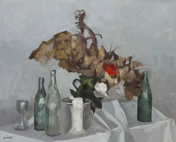 René GUIGNARD (1892-1983), 'Nature morte aux fleurs et bouteilles', huile — DognyAuction