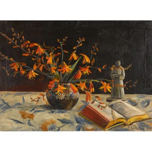 Renée Yolanda Hauser — Stillleben mit Blumen, Buch und Mönchsstatue.