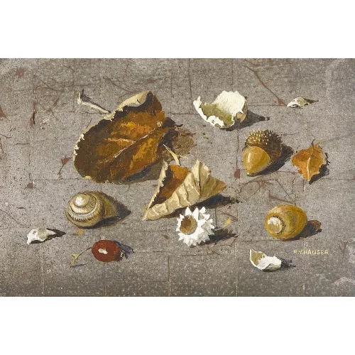 Renée Yolanda Hauser — Herbststillleben mit Muscheln, Blättern und Nüssen.