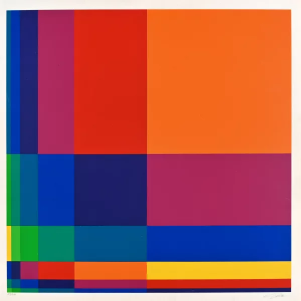 Richard Paul Lohse — 6 vertikale systemische Farbstreifen mit orangem Quadrat oben rechts, 1968