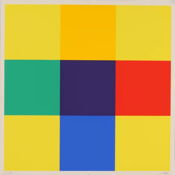 Richard Paul Lohse — 3 Blätter: Kreuz aus Gleichung und Kontrast, 1975; Horizontal- und Vertikalpositionen aus Extrem- und Nachbarfarben, 1975; Drei horizontale Teilungen, 1984