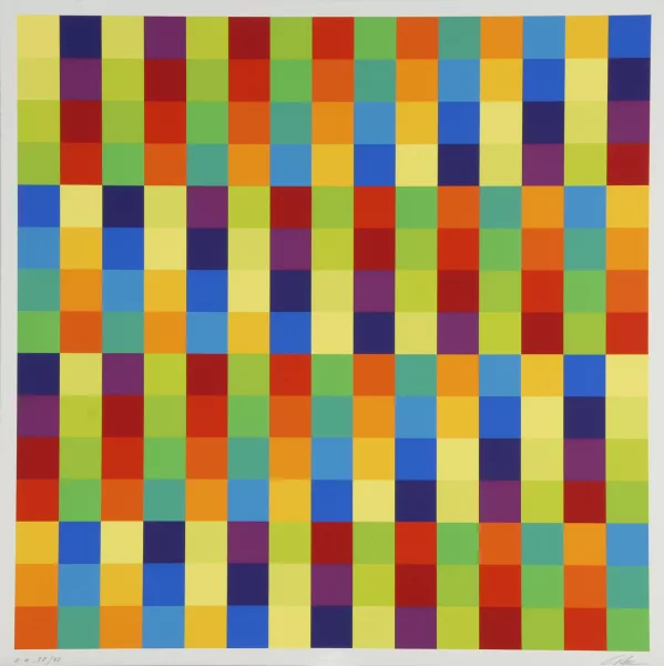 Richard Paul Lohse — 2 Blätter: Kreuz aus Gleichung und Kontrast, 1975; Fünfzehn ineinandergehende systematische Farbreihen mit violetten Diagonalen, 1975