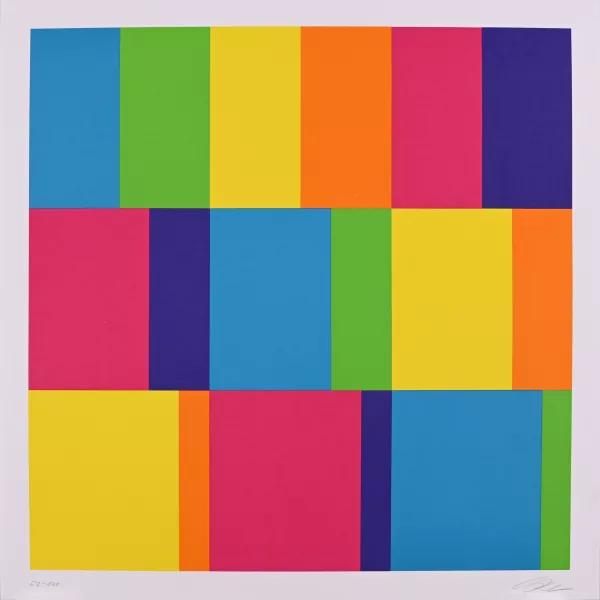 Richard Paul Lohse — 2 Blätter: Bewegung um ein Zentrum mit vier Quadraten, 1970; Verschränkte farbkomplementäre Gruppen, 1982