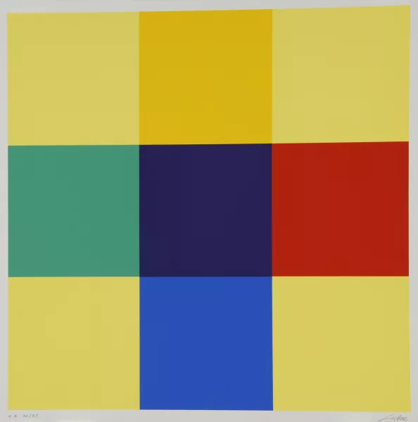 Richard Paul Lohse — 2 Blätter: Kreuz aus Gleichung und Kontrast, 1975; Fünfzehn ineinandergehende systematische Farbreihen in vier Gruppen, 1975