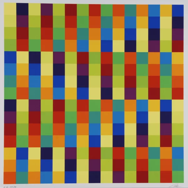 Richard Paul Lohse — 2 Blätter: Konstellation mit Eckpositionen, 1975; Fünfzehn vertikale systematische Farbreihen mit richtungsgleicher Diagonalführung, 1975