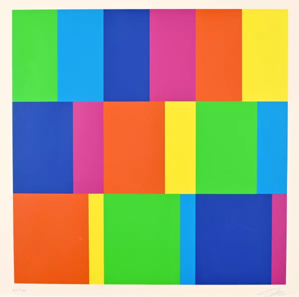 Richard Paul Lohse — 2 Blätter: 3 horizontale Teilungen, 1982; Sechs vertikale systematische Farbreihen mit orangenem Quadrat rechts oben, 1968