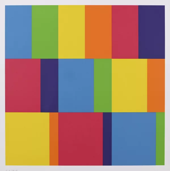 Richard Paul Lohse — 2 Blätter: Drei horizontale Teilungen, 1975; Zentrum aus vier Quadraten als Ergebnis der vier Kreuzflächen, 1976