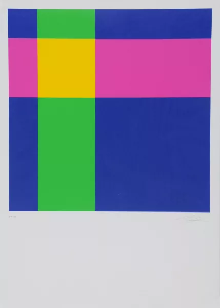 Richard Paul Lohse — Diagonal von blauviolett über gelbes Quadrat zu blauviolett, 1971