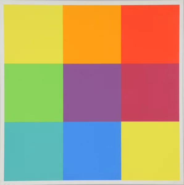Richard Paul Lohse — Verbindung von zwei Farbkonstellationen zu komplementären Ordnungen, aus "Neun Quadrate", 1981