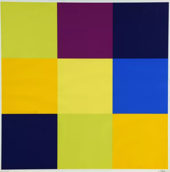 Richard Paul Lohse — 3 Blätter: Kreuz aus Gleichung und Kontrast, 1975; Konstellation mit Eckpositionen, 1975; Horizontal- und Vertikalpositionen aus Extrem- und Nachbarfarben, 1975