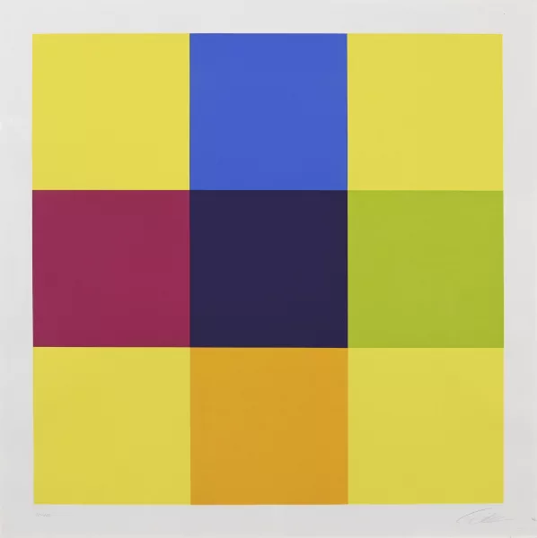 Richard Paul Lohse — 3 Blätter: Drei komplementäre Kontraste, 1975; Bewegung um ein Zentrum mit vier Quadraten, 1970; Bewegung von acht Farben um eine Achse, 1971