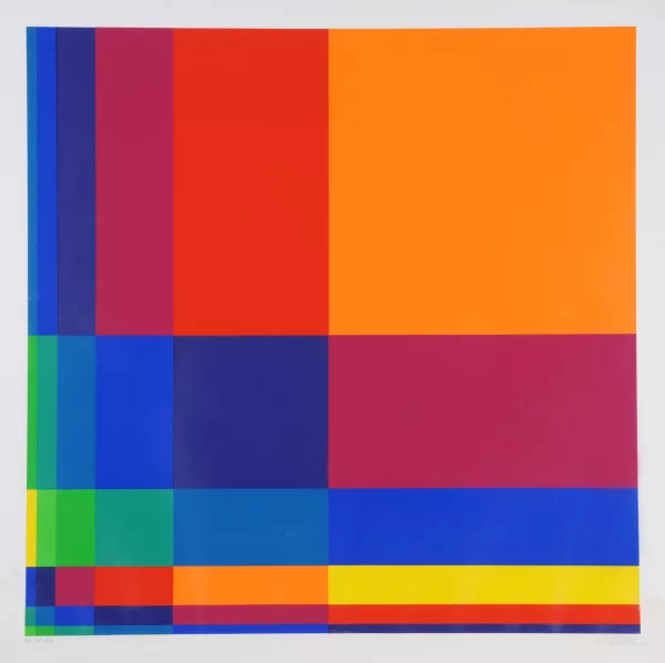 Richard Paul Lohse — 3 Blätter: Sechs vertikale Farbreihen von grün zu gelb, 1970; Fünfzehn systematische Farbreihen, 1968; Sechs vertikale systematische Farbreihen mit orangem Quadrat rechts oben, 1968
