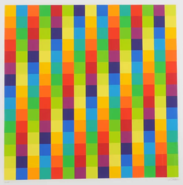 Richard Paul Lohse — 3 Blätter: 2 + 2 gleiche verschränkte Farbrhythmen an 4 weissen Feldern (rot), 1970; Fünfzehn vertikale systematische Farbreihen mit richtungsgleicher Diagonalführung, 1975; Serielle Ordnung in vier vertikalen Reihen, 1982