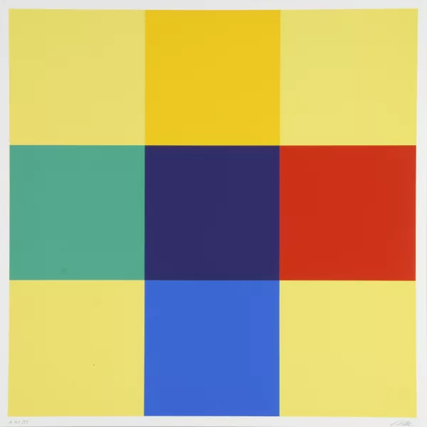 Richard Paul Lohse — 2 Blätter: Kreuz als Gleichung und Kontrast, 1975; Konstellation mit Eckpositionen, 1975