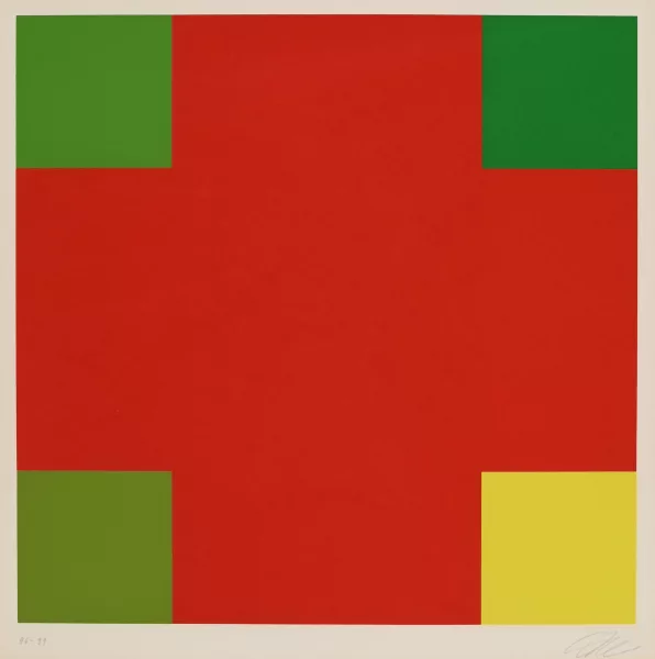 Richard Paul Lohse — Gelb-grüne Bewegung um ein rotes Kreuz, 1976