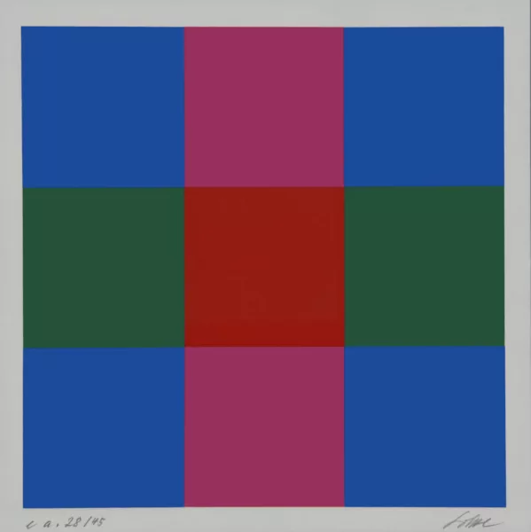 Richard Paul Lohse — Drei vertikale Gruppen mit orangerotem Zentrum, 1975