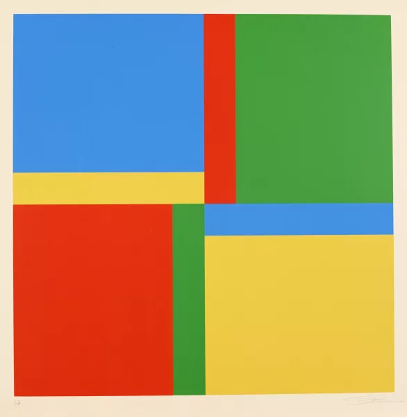 Richard Paul Lohse — 2 Blätter: 4 Bewegungen um eine Achse: Diagonal rot gegen grün und blau gegen gelb, 1971; Sechs systematische Farbreihen mit horizontaler und vertikaler Verdichtung, 1971