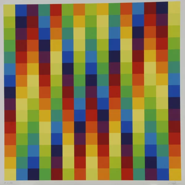 Richard Paul Lohse — 2 Blätter: Fünfzehn ineinandergehende systematische Farbreihen in vier Gruppen, 1975; Fünfzehn vertikale systematische Farbreihen mit violetten Diagonalen, 1975