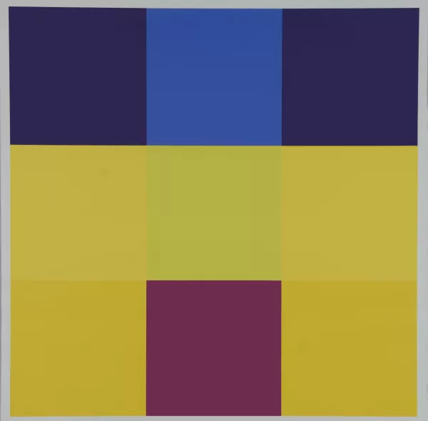 Richard Paul Lohse — Waagrechte Dominante mit dunkelrotem Quadrat, 1979