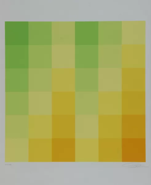 Richard Paul Lohse — Sechs vertikale systematische Farbreihen von grün zu gelb, aus "Graphikmappe des Schweizerischen Kunstvereins", 1970