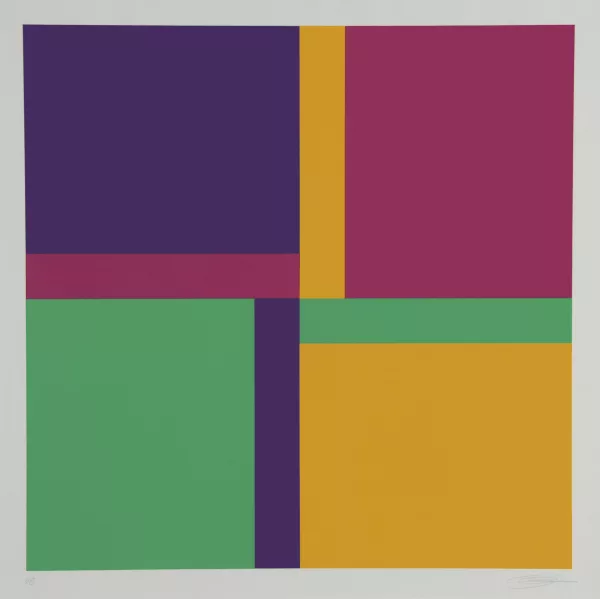 Richard Paul Lohse — 4 Bewegungen um eine Achse: Diagonal gelb gegen dunkelviolett und grün gegen dunkelrosa, aus "4x4 Bewegungen um eine Achse", 1971