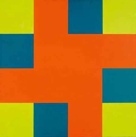 RICHARD PAUL LOHSE — Verschränktes rotes Kreuz mit blaugrünen und gelbgrünen Quadratgruppen. 1952/71. — Koller Auktionen