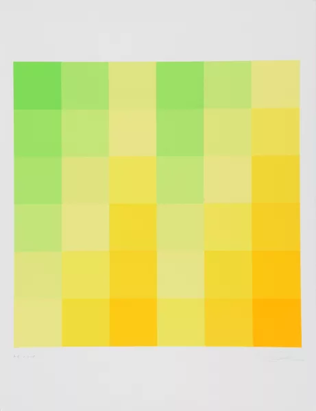 Richard Paul Lohse — Sechs vertikale systematische Farbreihen von grün zu gelb, 1970, aus "Grafikmappe des Schweizerischen Kunstvereins", 1969-75