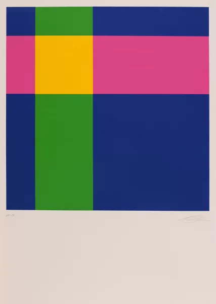 Richard Paul Lohse — Diagonal von blauviolett über gelbes Quadrat zu blauviolett, 1971