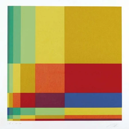 RICHARD PAUL LOHSE — Sechs vertikale systematische Farbreihen mit gelbem Quadrat rechts oben. 1968. — Koller Auktionen