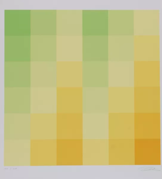 Richard Paul Lohse — Sechs vertikale systematische Farbreihen von grün zu gelb, 1970, aus "Graphikmappe des Schweizerischen Kunstvereins", 1975
