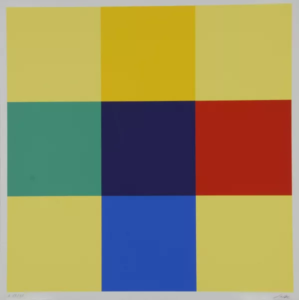 Richard Paul Lohse — 2 Blätter: Kreuz aus Gleichung und Kontrast, 1975; Horizontal- und Vertikalpositionen aus Extrem- und Nachbarfarben, 1975