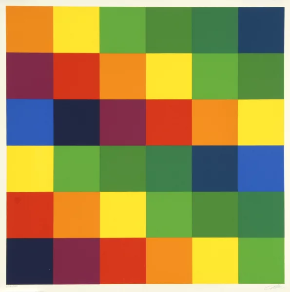 Richard Paul Lohse — Sechs systematische Farbreihen mit blaugrünen und violetten Akzenten, aus "Richard Paul Lohse - Sechs Serigrafien", 1967