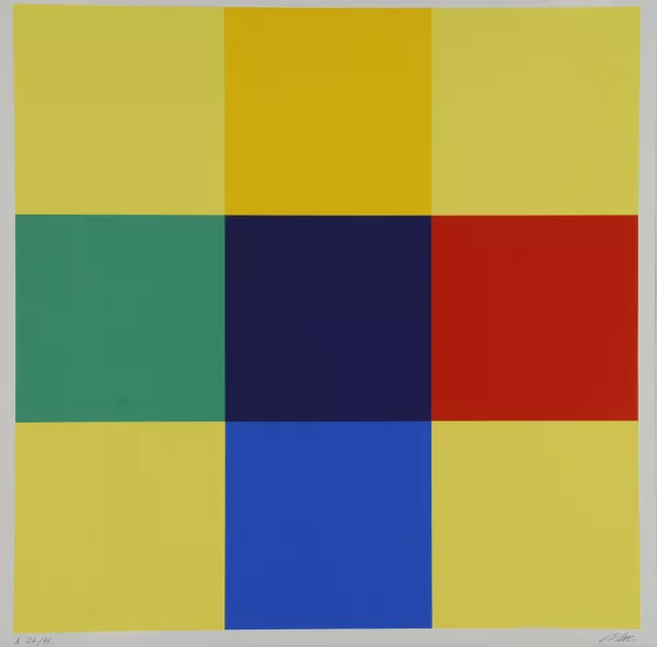 Richard Paul Lohse — 2 Blätter: Kreuz aus Gleichung und Kontrast, 1975; Fünfzehn ineinandergehende systematische Farbreihen in vier Gruppen, 1975