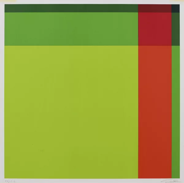 Richard Paul Lohse — 2 Blätter: Blaurot verbunden mit gelbrot, 1979; Diagonal von hellgrün über rot zu dunkelgrün, 1972