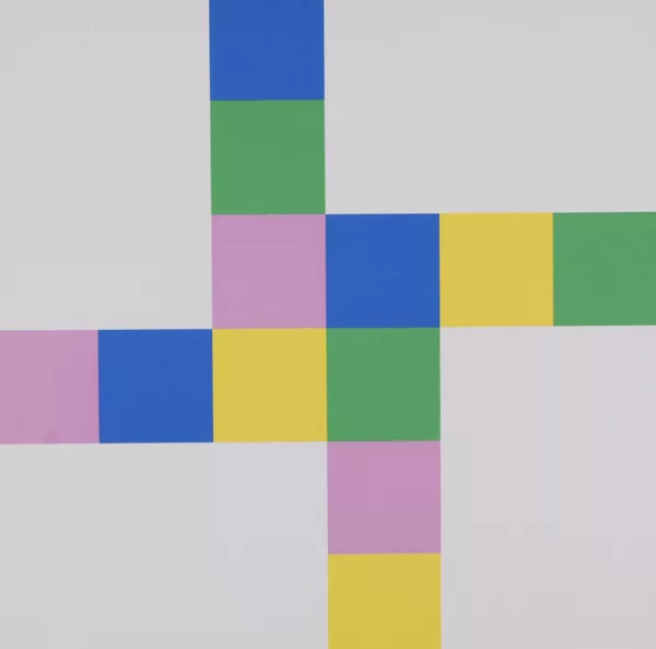 Richard Paul Lohse — 2+2 gleiche verschränkte Farbrhythmen an 4 weissen Feldern (rosa), 1971