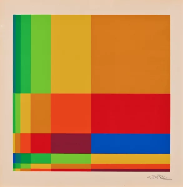 Richard Paul Lohse — Sechs horizontale systematische Farbreihen mit cadmiumgelben Quadrat rechts oben, 1968-69