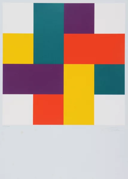 Richard Paul Lohse — 4 verschränkte Farbgruppen mit weissen Quadraten, 1970