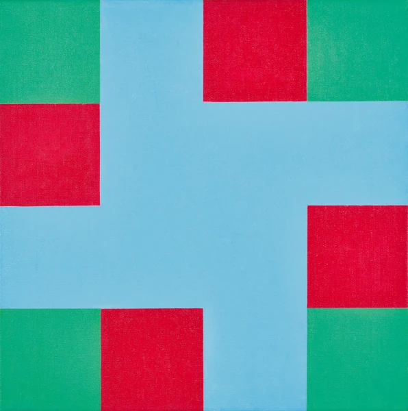 Richard Paul Lohse — Verschränktes hellblaues Kreuz mit dunkelroten und hellgrünen Quadratgruppen, 1952/71