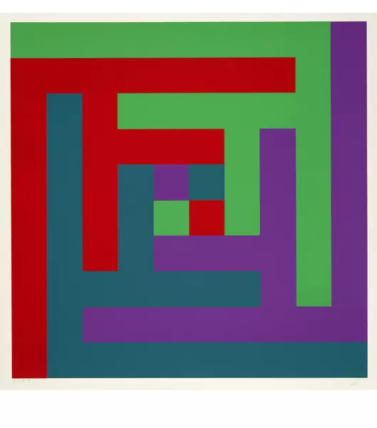 Richard Paul Lohse — Fünfzehn systematische Farbreihen mit vertikalen Verdichtungen. - Vier verbundene Gruppen. Aus "Sechs Serigrafien" — Galerie Kornfeld