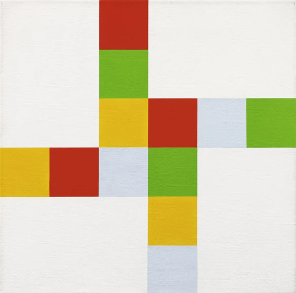Richard Paul Lohse — Zwei und zwei gleiche verschränkte Farbrhythmen an vier weißen Feldern, 1952/71