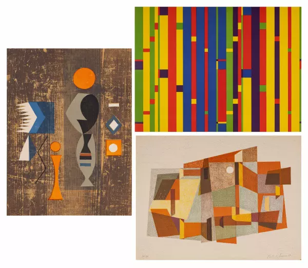 Objektbeschrieb : Neujahrsgabe 1956 des Freundeskreises von Victor N. Cohen, Mappe mit 3 Blättern: Richard Paul Lohse (1902–1988): Zwei gleiche Themen (4-Farben-Offsetdruck), Emanuel Jacob (1917–1998)