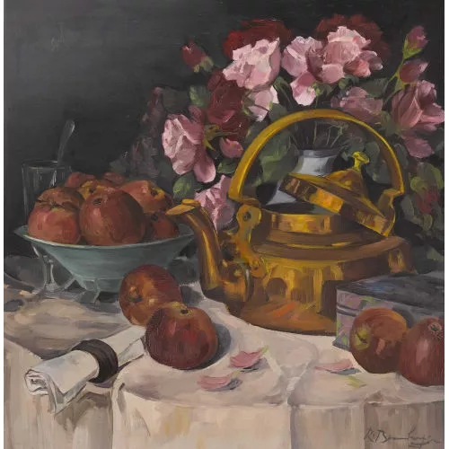 Robert Baumberger — Stillleben mit Äpfeln, Kupferkanne und Blumen.